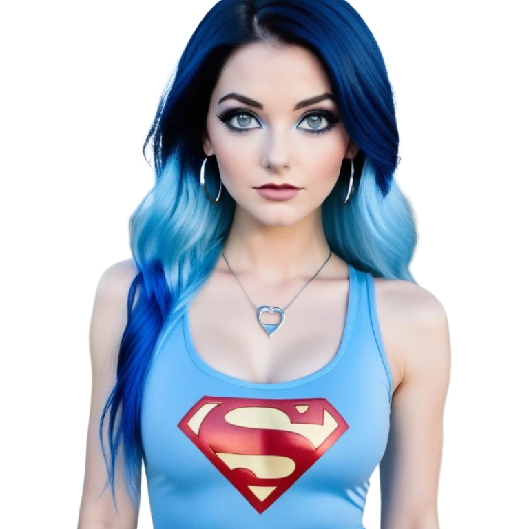Full body with long legs-very very large chest clevage-beautiful face-black leggings-very long very straight dark blue to light blue ombre hair-and-blue eyes-a lot of black eyeliner-thick long eyelashes-sky blue low cut tanktop with glitter superman logo-silver hoop earrings emoji