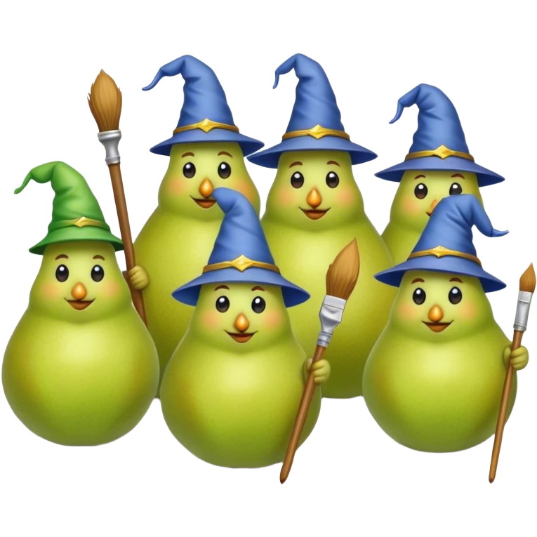 A cool group of pears, where some are developers (wizards), some are designers (creative people), some from other fields as well. emoji