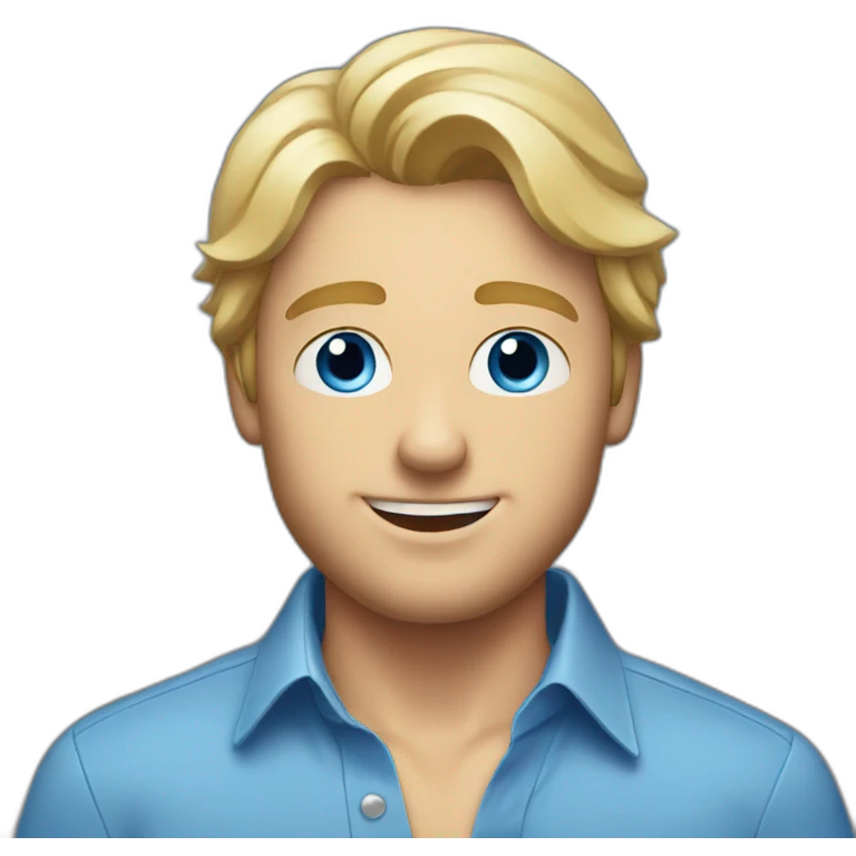 Blonde guy holding wine, blue button down shirt, blue eyes emoji
