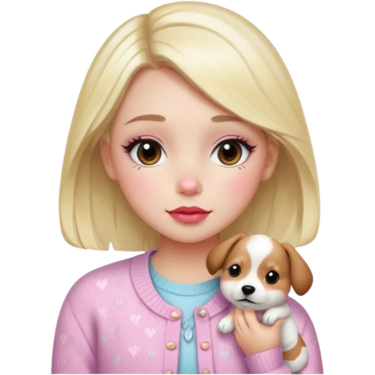 “Emoji girl, dewy skin, flushed blush across cheeks and nose, glossy cherry lips, soft puppy eyeliner, slightly teary sparkling eyes, wearing pastel cardigan.” emoji
