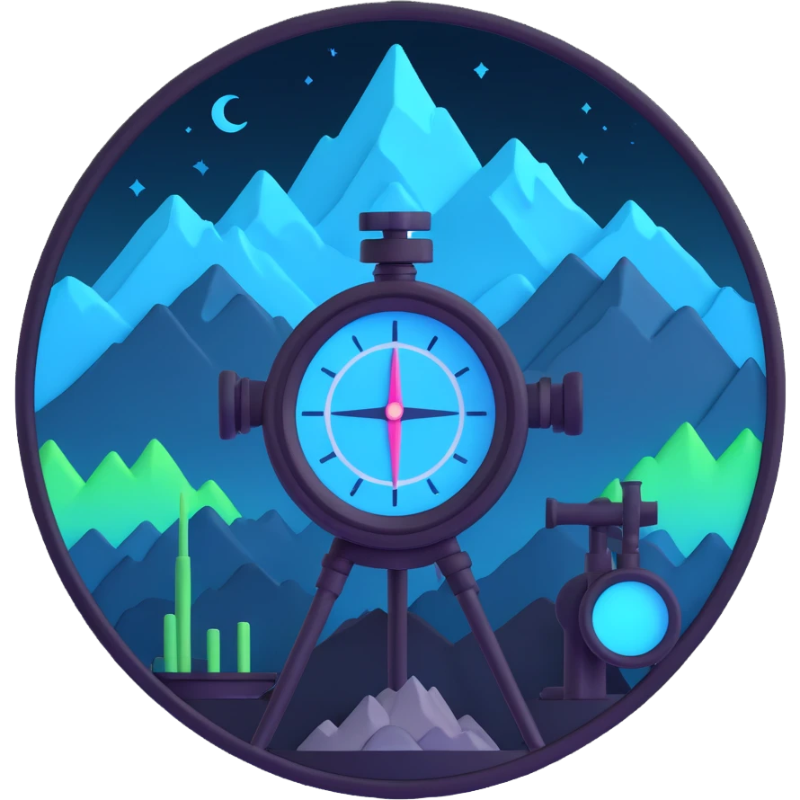 minimal expressive emoji style icon for crypto bot called Snypex, round badge shape, stylized mountains, rising candlestick chart, sniper scope combined, glowing neon cyan and electric blue palette, dark background, futuristic clean tech inspired cyberpunk AI feel, no text, highly symbolic scalable emoji