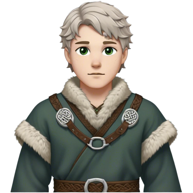 Medieval winter outfit worn by a DnD themed fantasy male character. Heavy charcoal wool tunic with arctic wolf fur lining, adorned with intricate iron clasps and a thick leather belt with celtic knotwork. Clothes only above the waist, full waist coverage. The character has no arms. Character is white-skinned with light brown hair, gray-green eyes, and short wavy hair dusted with winter's touch. emoji