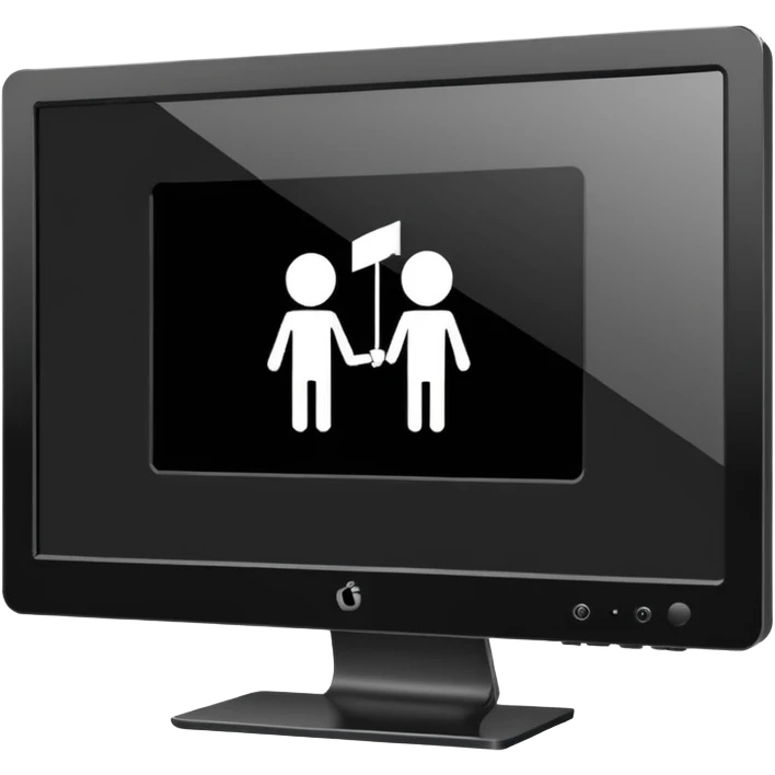 Minimalistic flat vector icon, iOS style, thin black contour on white background. Computer monitor showing a simple stickman character inside a game world. Clean, no text, no shadows emoji