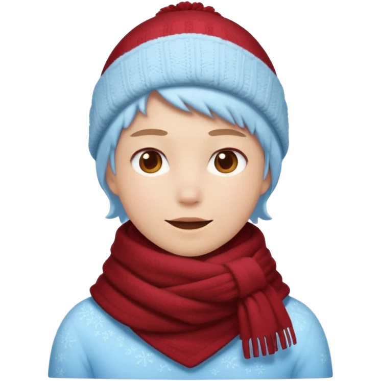 Fantasy human portrait emoji, deep red winter scarf covered with light frost, cozy but cold winter mood, slightly rosy cheeks, icy blue shadows, clean minimal emoji style, male/female variant
 emoji