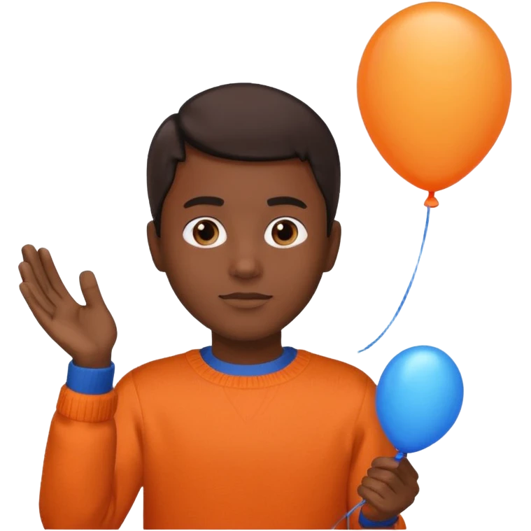 dark brown skin, orange sweater, hold blue balloon emoji