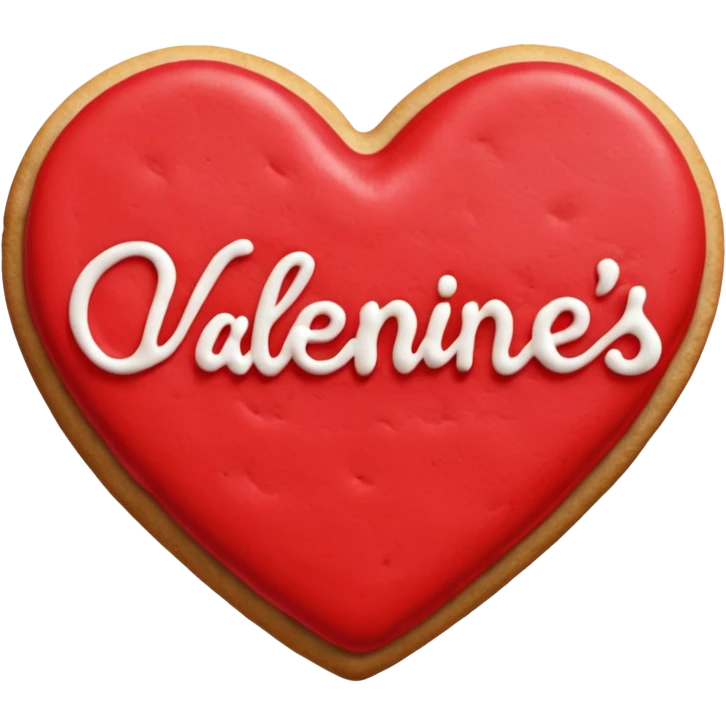 Heart-shaped cookie with red icing emoji, write happy valentine's day on top of the red icing in white icing emoji