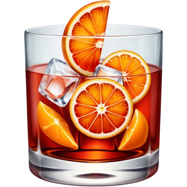 A short glass with bright red Negroni, ice cubes, and an orange wedge on top. emoji