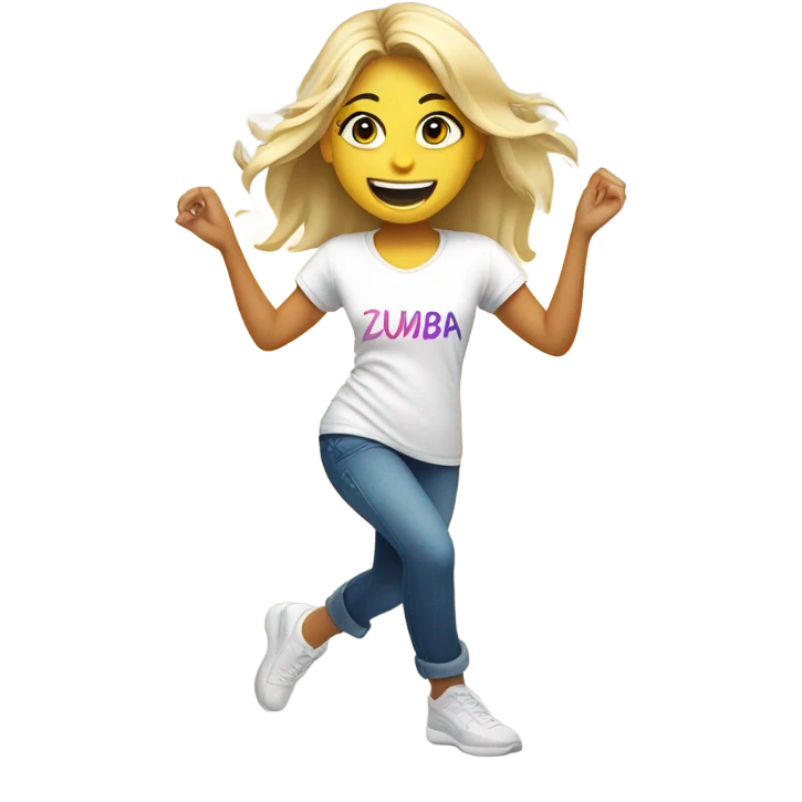 Blond smiling and dancing girl with Zumba logo on white t-shirt emoji