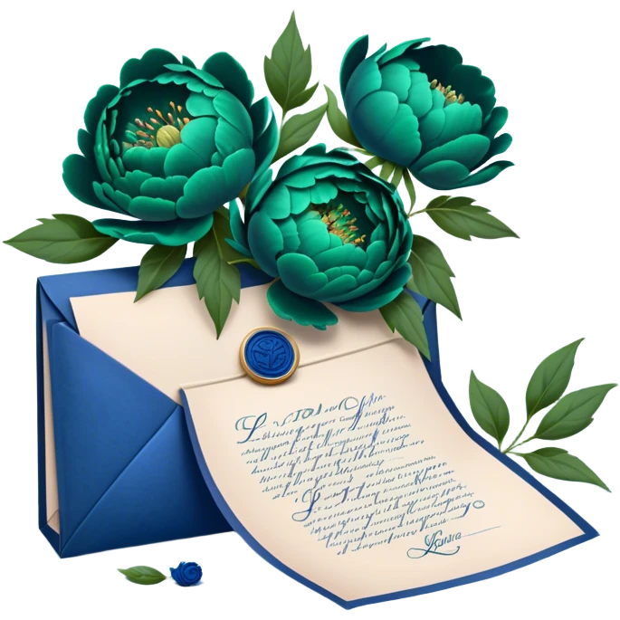 A charming arrangement of deep green peonies placed beside an old blue love letter with an intricate navy blue wax seal. emoji