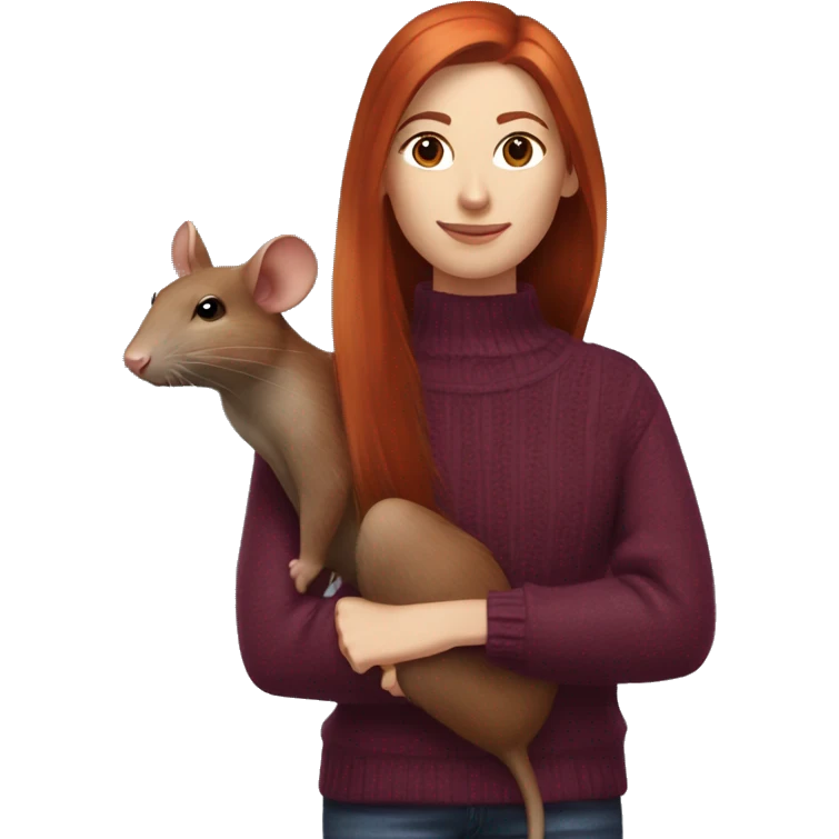 redhead girl with long hair and Dyson styling in a burgundy sweater and a rat on her shoulder emoji