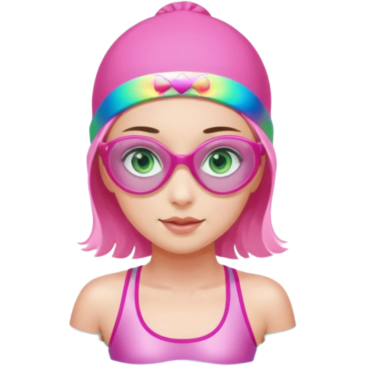 pretty girl with green eyes pink swim cap holographic swimming glasses and cute profesional swimmer pink swimsuit swimming emoji
