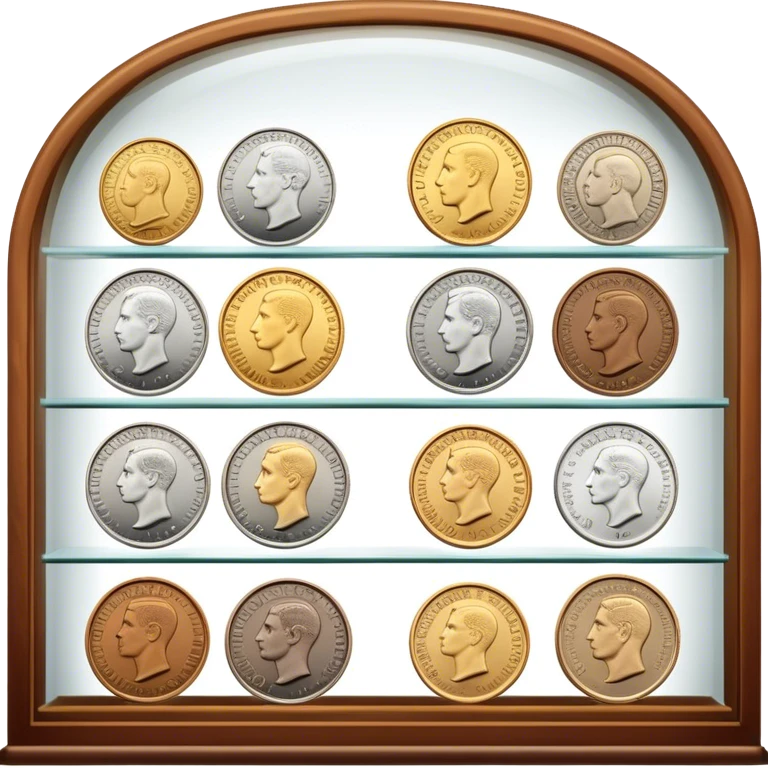 Icon for Coin Collecting: a collection of different vintage and modern coins of various forms, neatly arranged in a display case or on a table. The icon should highlight the diversity and historical value of coin collecting. Transparent background. emoji