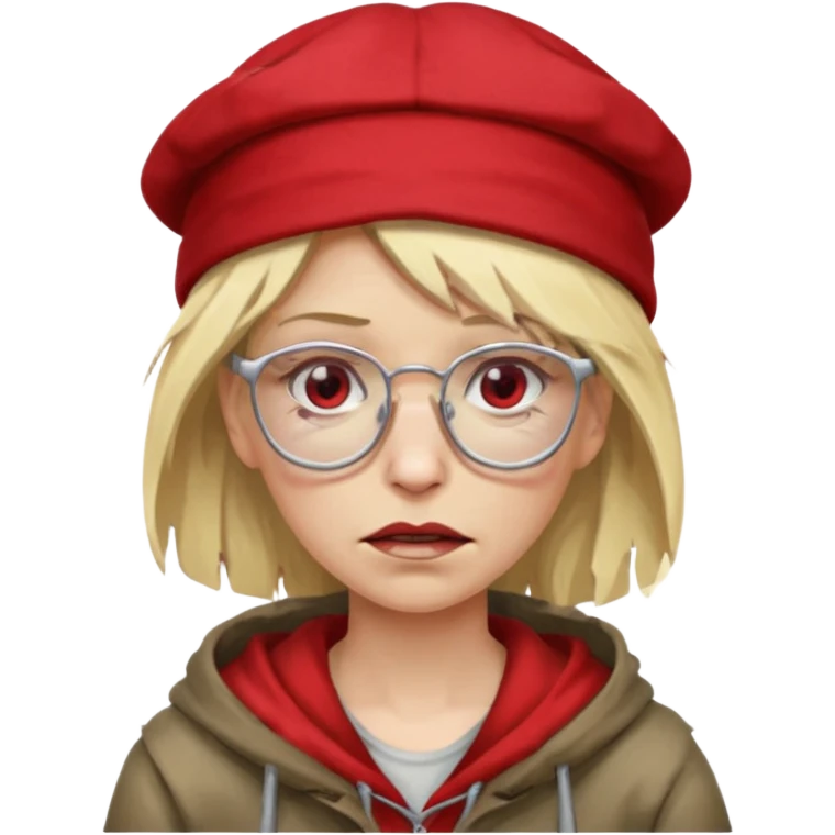 very dirty looking homeless woman with ripped red hat with ugly blond hair and broken glassess emoji