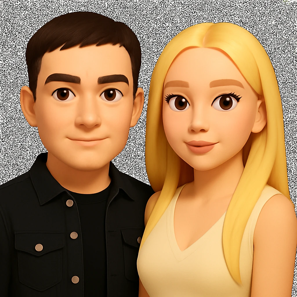 Slightly increase the volume of the upper body of the girl and slightly turn her to face forward. Make the boy look a bit older. Maintain the 3D emoji style appearance and keep the background transparent. emoji