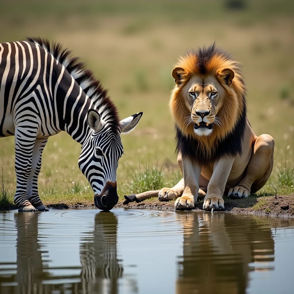 zebra and lion drinking water from pond emoji