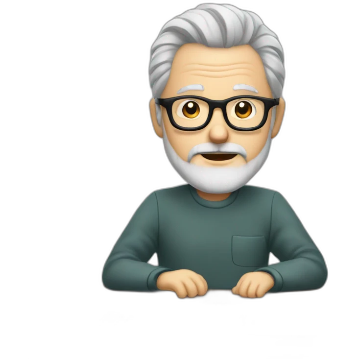 old man with grey hair and beard and glasses sitting at a desktop with 3 monitors emoji