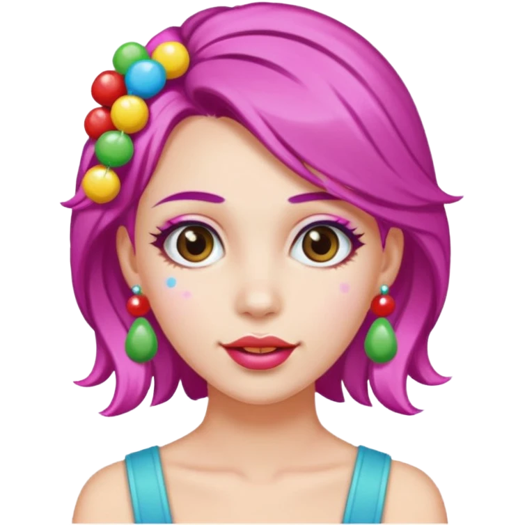 colorful hair woman with candy accessories, not holting a candy emoji