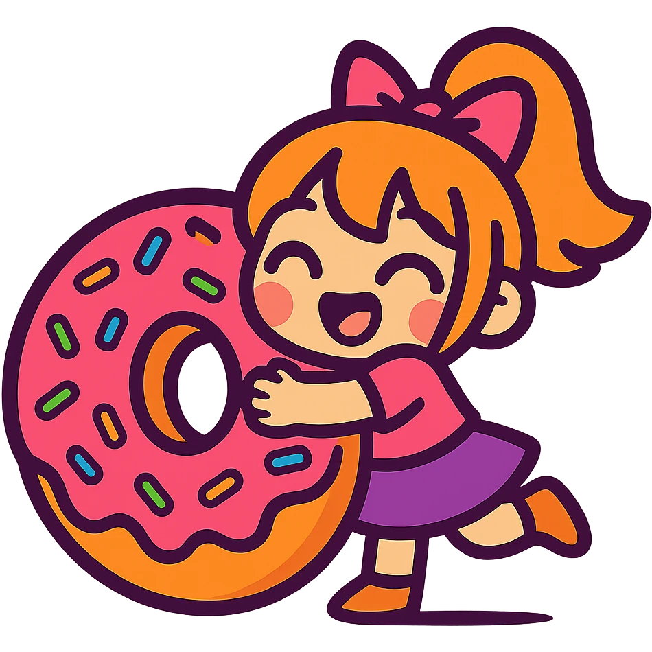 vibrant-toon style chibi girl hugging giant donut with sprinkles emoji
