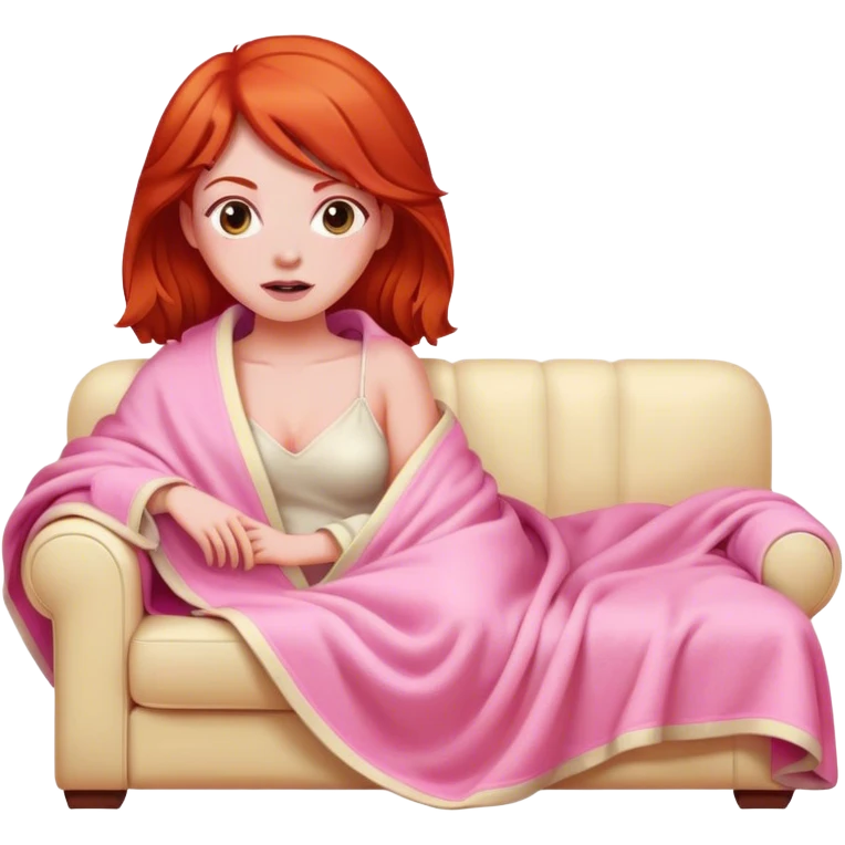 Red head woman wrapped in a pink blanket led on a cream sofa emoji