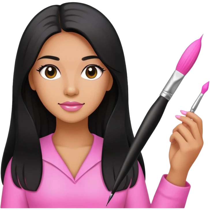 Pink Nail Tech with black long hair holding small acrylic brush emoji