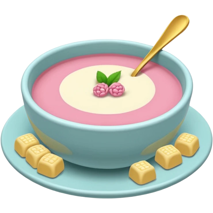 tazita de sopa, pastillas en estilo aesthetic y una camita rosada. emoji