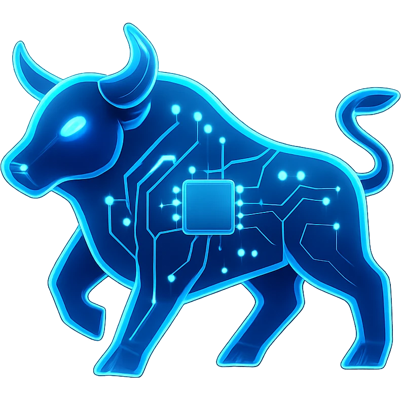 sleek futuristic bull icon, blue neon glow, modern tech style, transparent background emoji