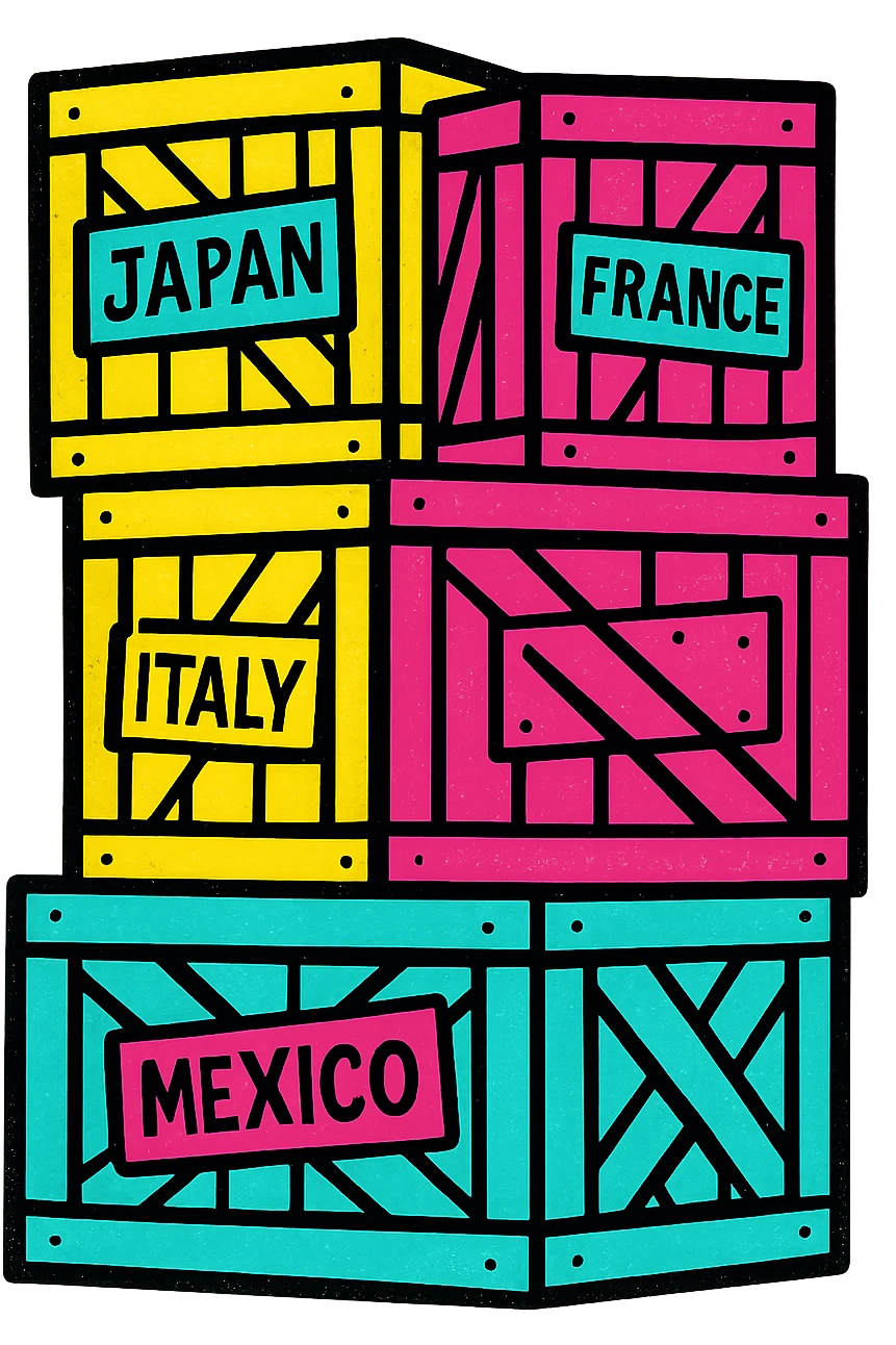 A lively icon of a stack of colorful shipping crates with international labels emoji
