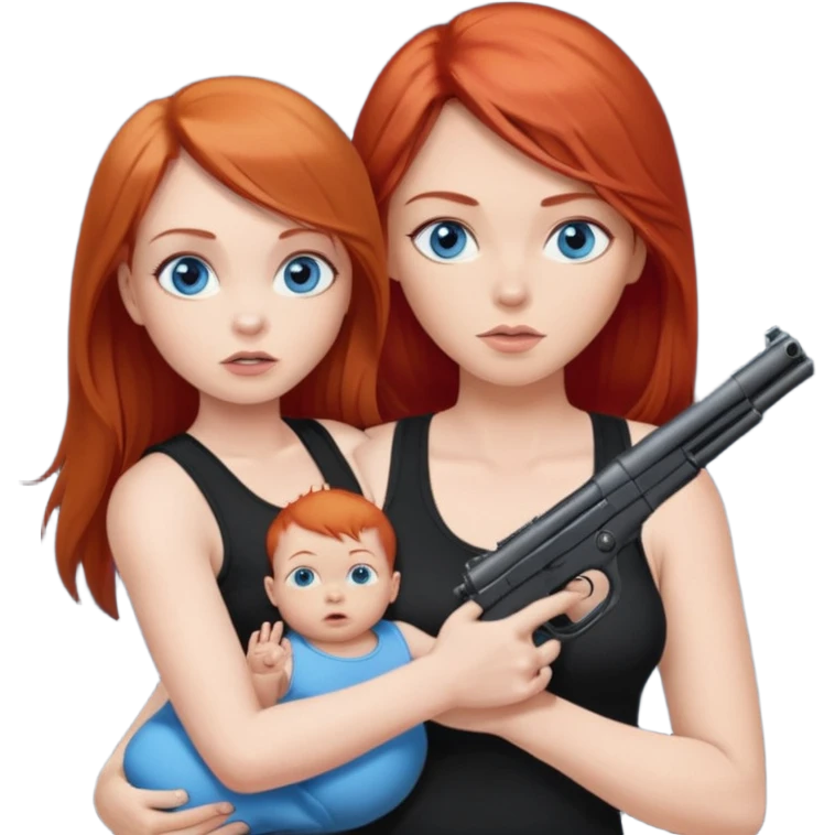 A red head with long straight hair, she has blue eyes with big boobs. She’s wearing a black tank top and holding a gun up in one hand and a baby boy with blue eyes sucking on one of her boobs in the other arm emoji