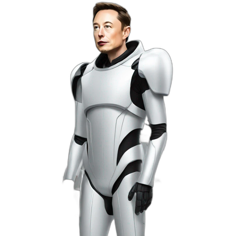 Elon Musk standing side to Tesla car in robotic suit emoji