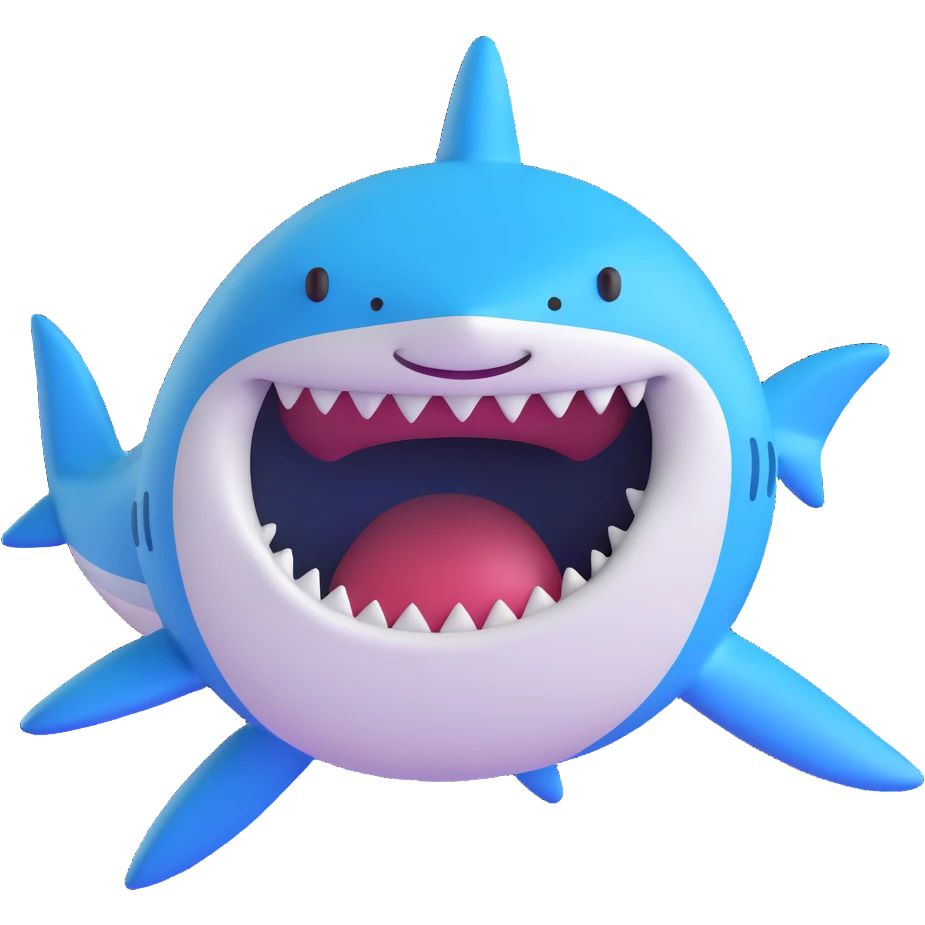 Edit the shark emoji in the smooth, cartoonish, 3D emoji style to be a dark moderate blue color. Remove legs and sneakers. The shark should be smiling with no background. emoji
