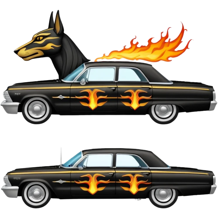 Satans Hot rod custom 1964 impala low rider four door Anubis theme painted hood flaming side-pipes emoji