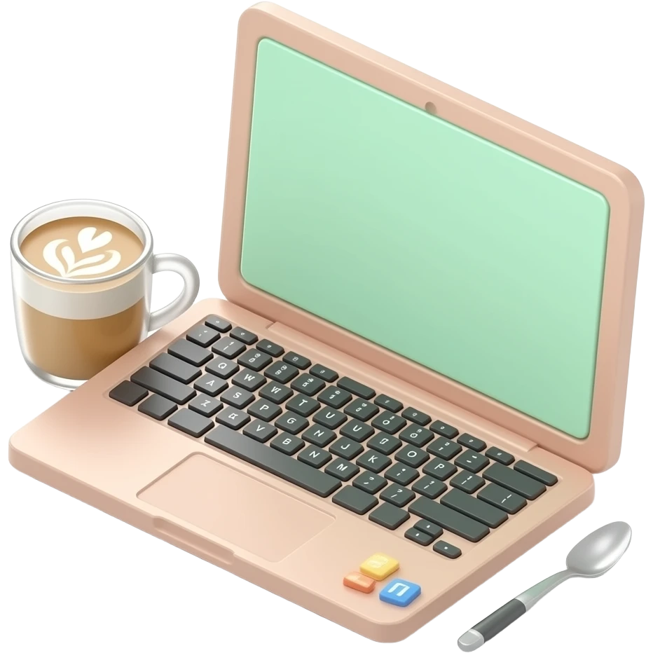 apple emoji style,laptop with latte setup, soft lighting, aesthetic, minimal, glossy 3d, clean girl aesthetic, pastel pink beige and light green colour palette, high detail, soft shadows emoji