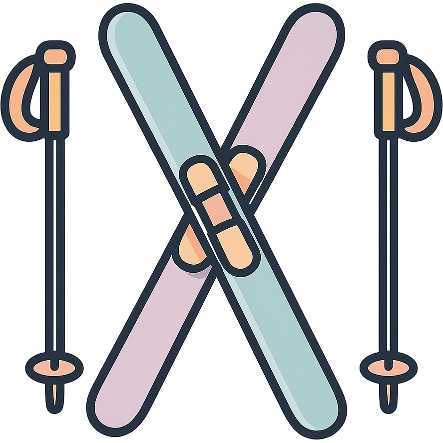 cross-country skis standing, slightly inclined in opposite directions, poles on the sides, detailed shading, thin clean outlines, soft rounded features, pastel palette #98B5BC #B5B3C1 #C9A3C9 #E4C0CA #F7DCD1 #F7C0AA, Japanese pop art, sticker look, highly detailed, vector clarity, soft lighting, subtle shadows, transparent background emoji