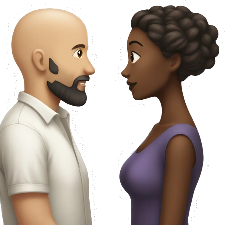 White Man bald with dark beard kissing short brown woman with long dark wavy hair emoji