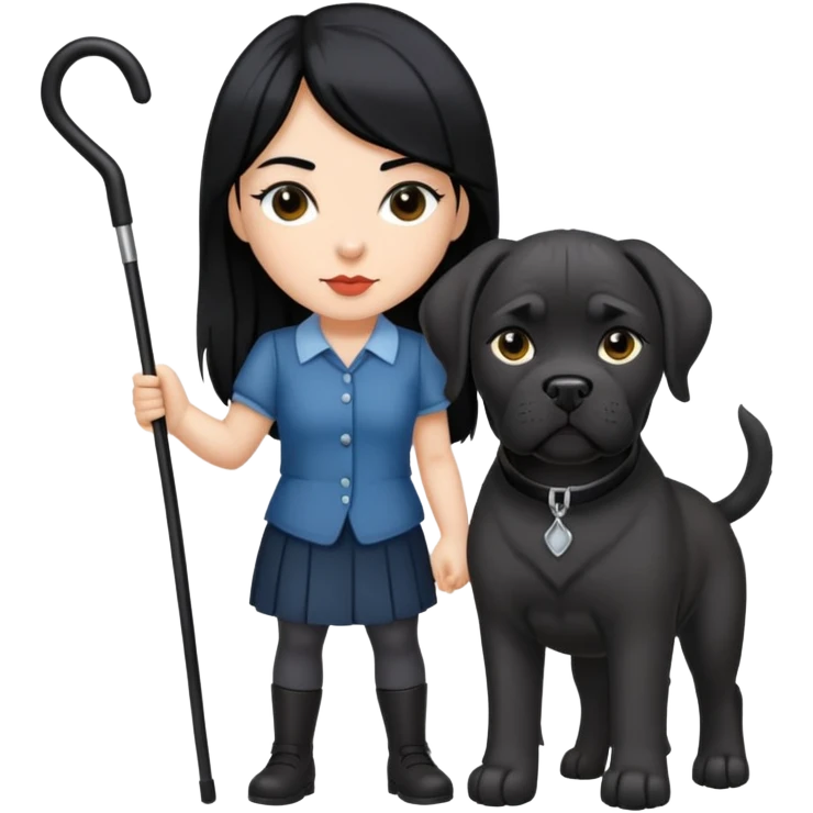 Woman with long black hair holding a black Cane Corso dog with cropped ears emoji