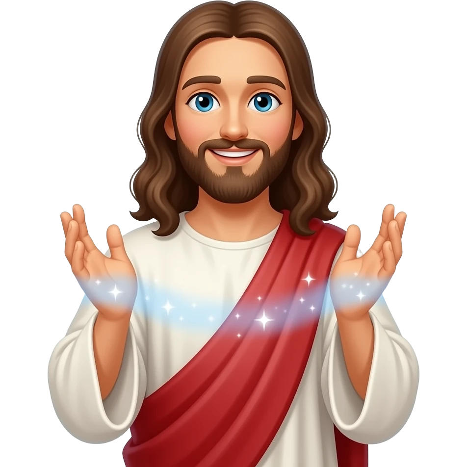 Jesus performing miracles with his hands which hold a mystical magic mist with sparkles and with a smile on his face emoji