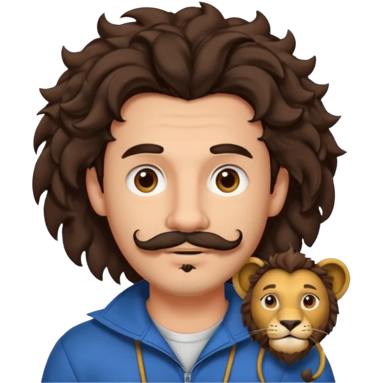 Make a cute guy with bouncy curly dark brown hair with a disconnected goatee and medium skin with a thin parted pencil mustache and lion ears emoji