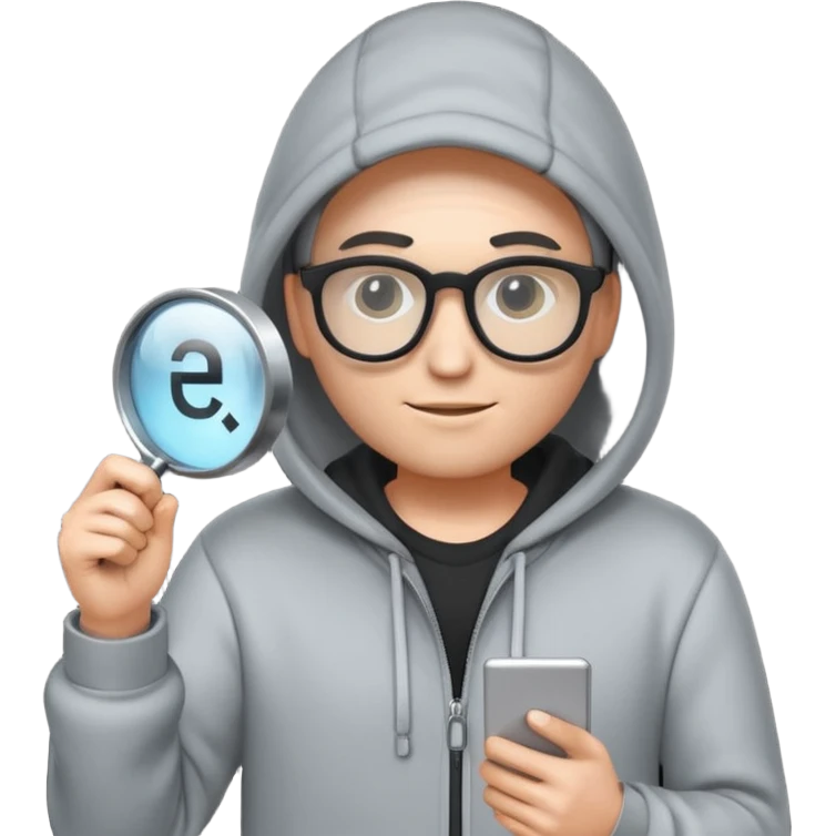 A stylized 3D emoji icon of a web developer character, wearing a hoodie and glasses. They are holding a glowing magnifying glass up to a computer screen filled with lines of HTML code and a search bar. emoji