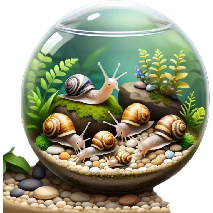 A collection of various snails and mollusks inside a big, lush terrarium with plants and moss. Some snails are crawling along the glass while others rest on pebbles. The scene is serene with soft lighting, showcasing the natural beauty of the mollusks. Transparent background. emoji