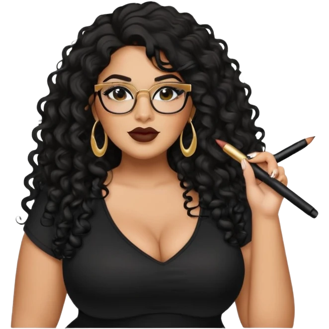 big plus size, latina, darker tan skin, long black curly hair, baddie,pretty, makeup, lipliner, black eyeliner, long hair, gold earrings, black top, glasses emoji