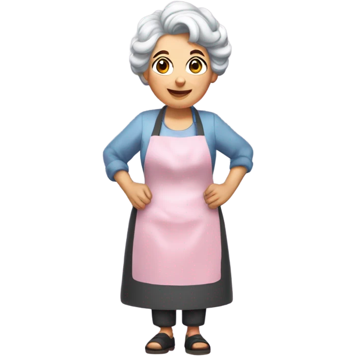 Full-body Italian grandmother with pink hair curlers, grey hair, a mole near her mouth, wearing a traditional cooking apron, slightly overweight emoji