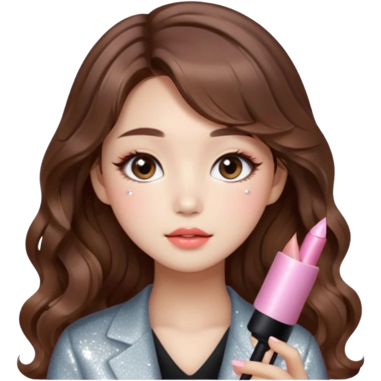 “korean brown hair Emoji girl, soft eyeliner and blush, gradient lips, light brown shimmer eyeshadow, sparkly aegyo-sal, long wavy hair,  emoji