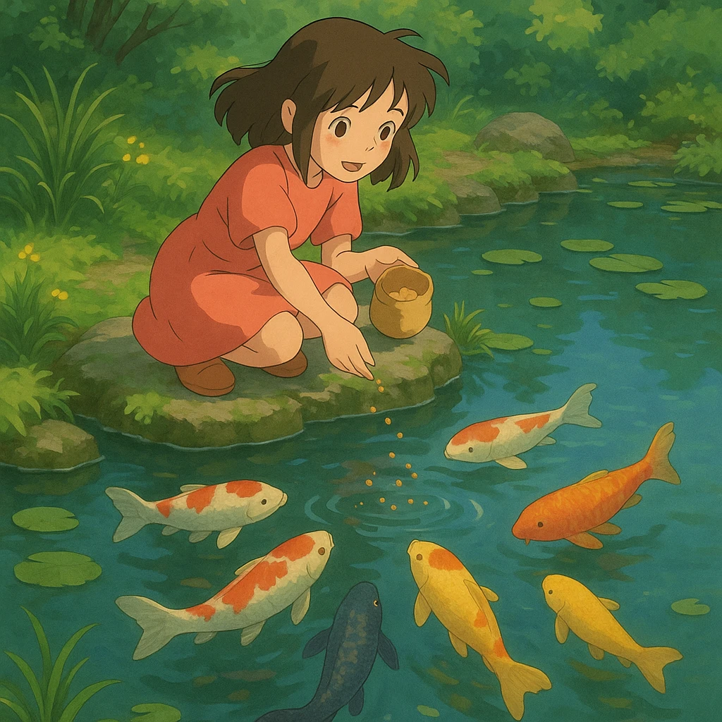 girl feeding koi fish in a pond emoji