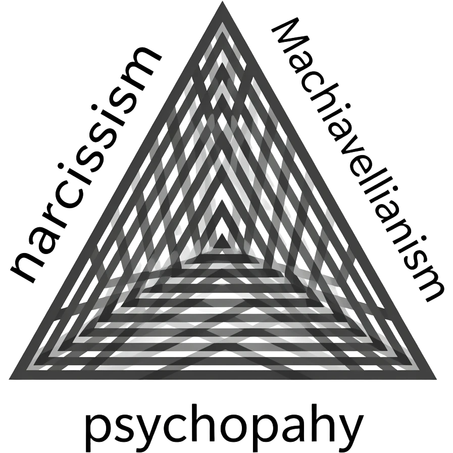 The dark tried triangulo preto num lado narcisism embaixo machiavellianism e do lado direito pysocopaty mas o triangulo teto em linhas emoji