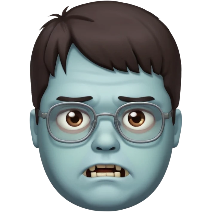 An emoji of a slightly chubby male zombie with dark brown hair and bangs down to his eyebrows, wearing square, bluish glasses. emoji
