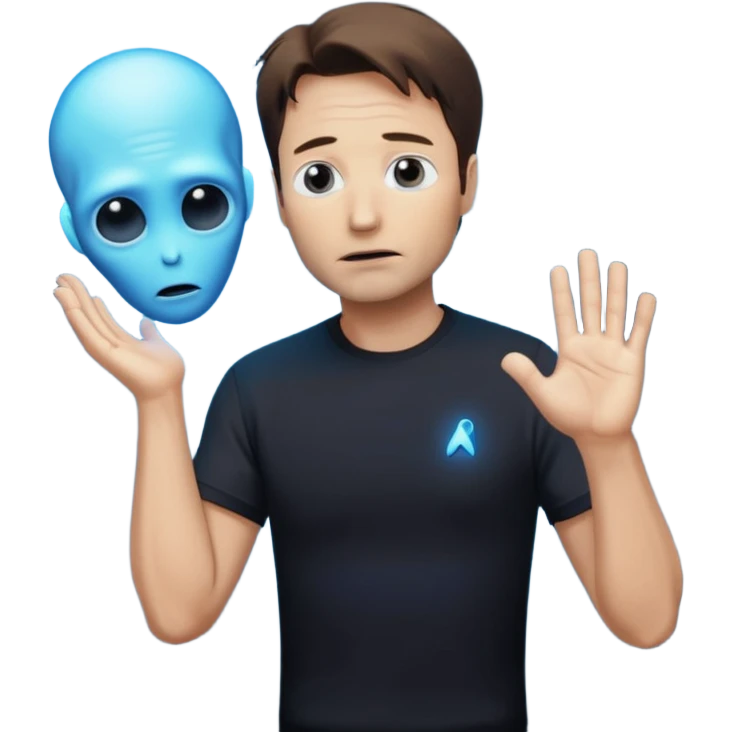 Mulder from the x-files looking very very worried (not trusting anyone today) while wearing a dark t-shirt an alien beam trying to lift him up emoji