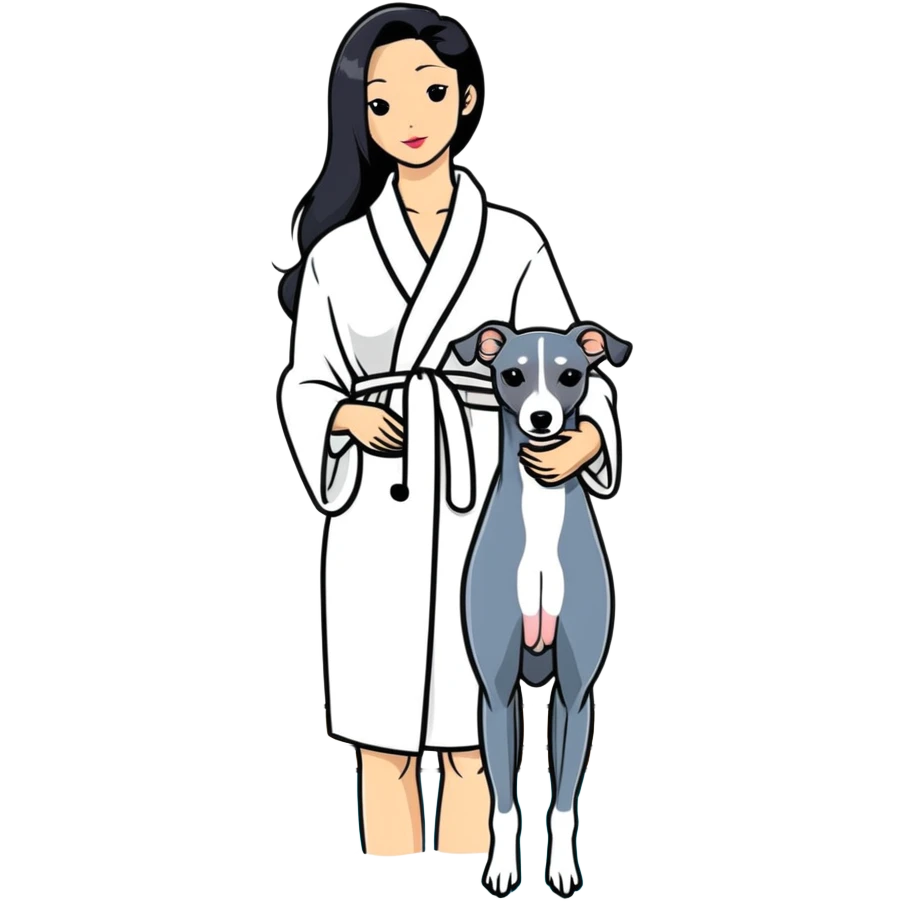 Very thin and slim Chinese woman with long black hair in elegant pool attire at a luxury spa pool with fancy amenities and her Italian greyhound that is COMPLETELY solid dark grey with ABSOLUTELY ZERO white markings anywhere - 100% uniform dark grey color only emoji