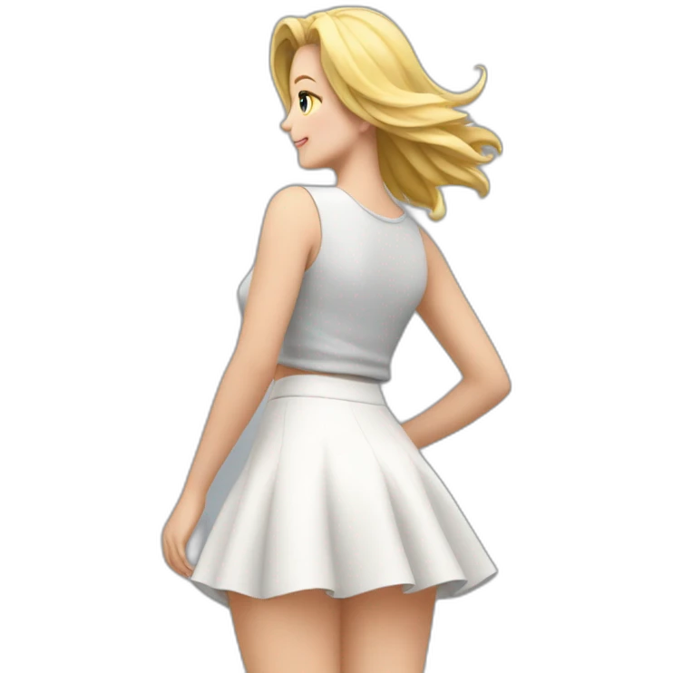 full body back view curvy caucasian beauty in small skirt lifted by the wind white socks emoji
