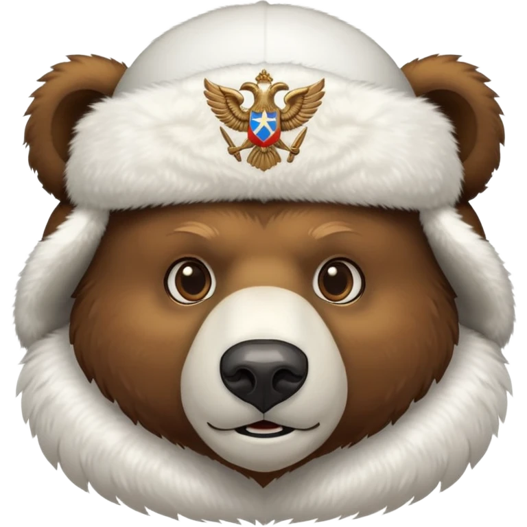 Brown bear head face wearing white fluffy ushanka with detailed Russian double-headed eagle emblem centered on front, iOS emoji style emoji