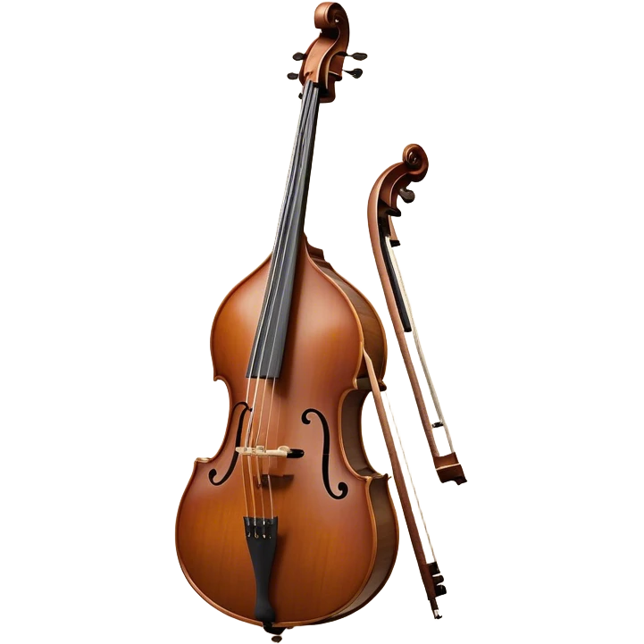 Create an elegant and detailed emoji representing a double bass with a bow. The design should feature the large, curved wooden body of the double bass with rich, dark wood tones and a smooth, polished finish. Include the long neck and scroll at the top of the instrument, with metal tuning pegs clearly visible. The bow should be shown beside or lightly touching the strings, emphasizing the role of the bow in producing sound. Add subtle musical notes or sound waves around the instrument to evoke its deep, resonant sound. Use warm tones like brown, gold, and ebony for the wood, with metallic accents for the strings and fittings. The background should be transparent. emoji
